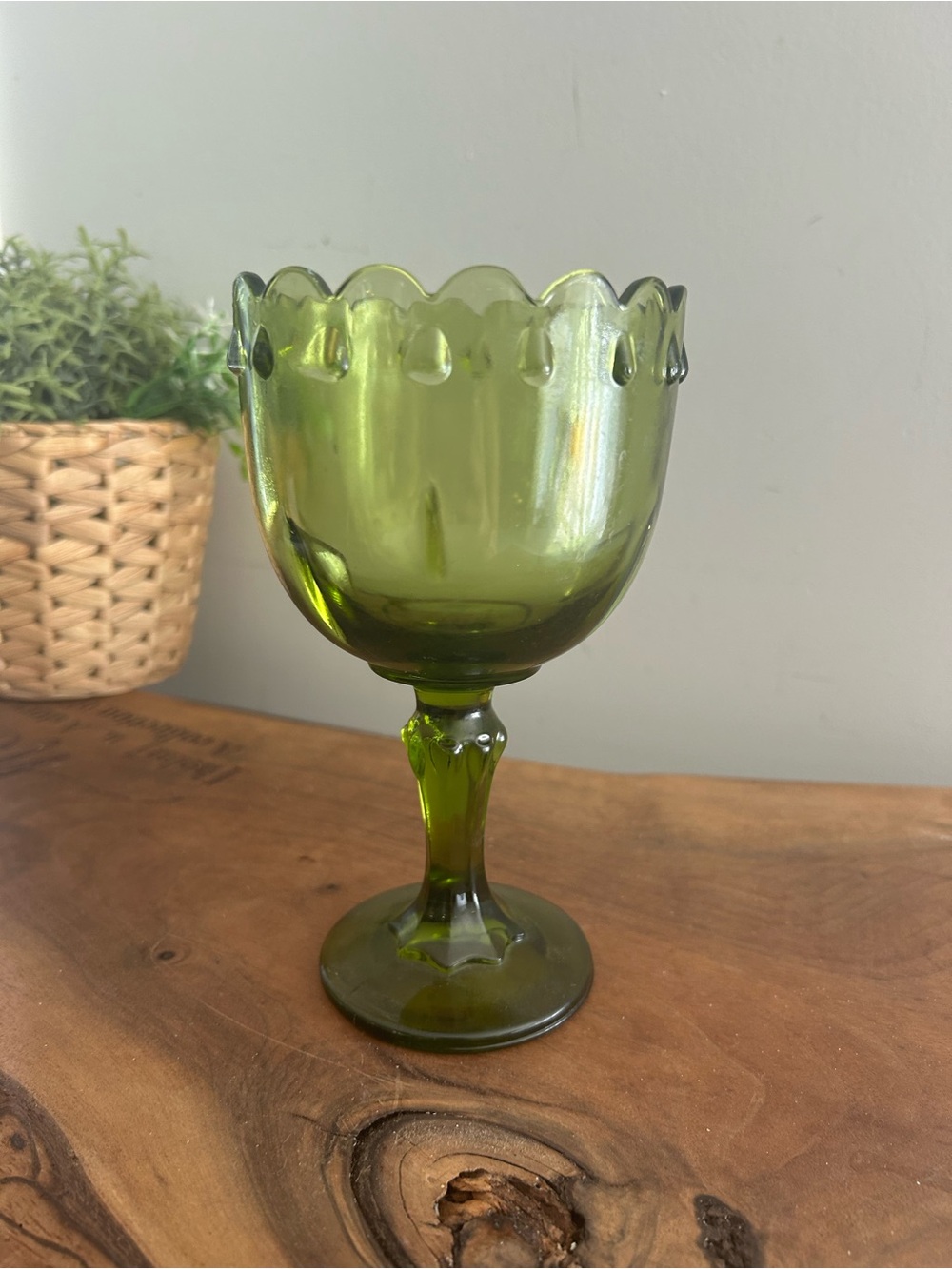 Vintage Green Indiana Glass Dish Wine Goblet Bowl Compote Teardrop Pedestal